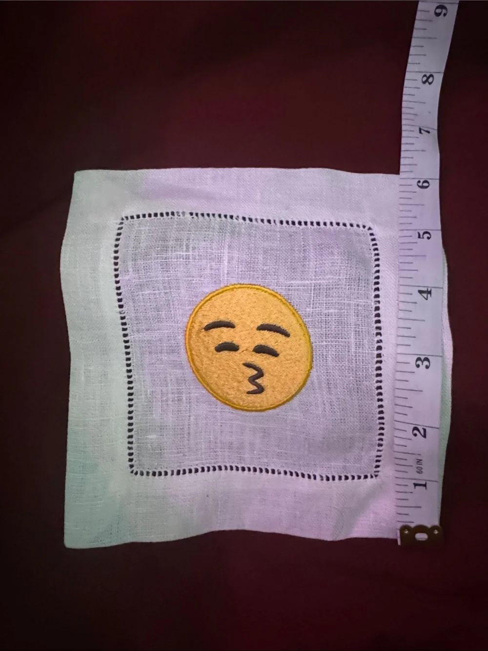 Embroidered Kiss Face Emoji Linen Cocktail Napkin - White C1.B.1R